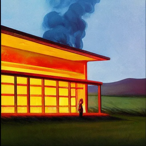 Image similar to burning barn, edward hopper, sad, lonely, emo rap cover, mixtape