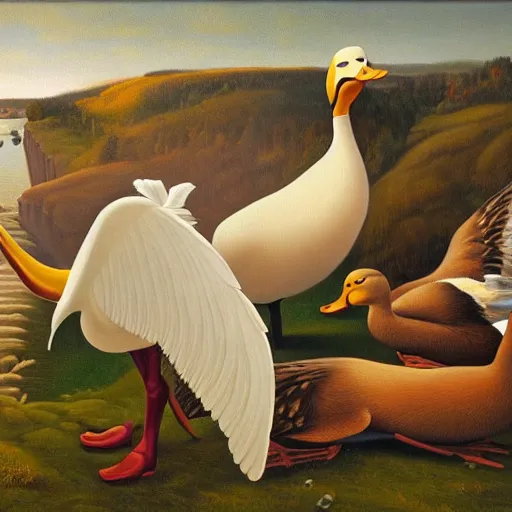 Prompt: a duck on the prowl oil painting kent monkman