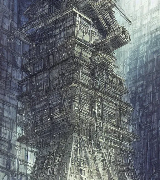 Image similar to tarkovsky scene, epic ancient tower of babylon below a woman in transparent cyber clothing, hyperrealistic, blame manga, full color, manga style, by tsutomu nihei, cyber architecture, intricate, concept art, hyper - detailed, smooth, masterpiece, epic, cinematic, high quality