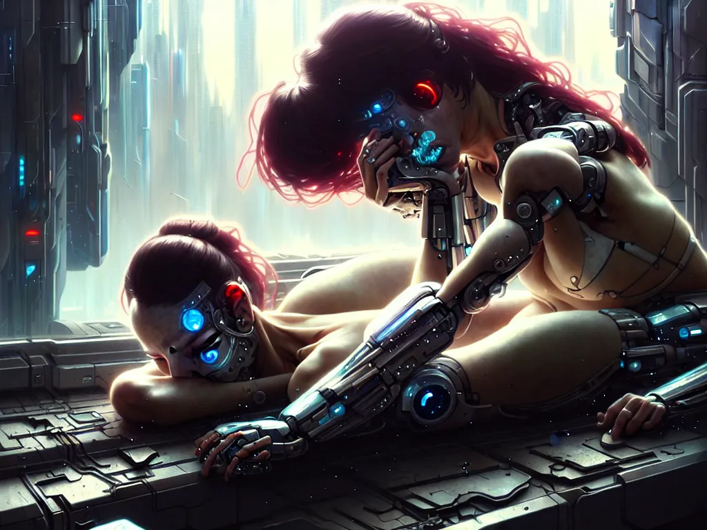 Image similar to ultra realistic, cyborg woman crying and broken and lying on a surface, helpless, alone, shattered, cyberpunk, sci-fi, fantasy, intricate details, elegant, highly detailed, photorealistic, octane render, 8k, HD, art by artgerm and greg rutkowski and alphonse mucha