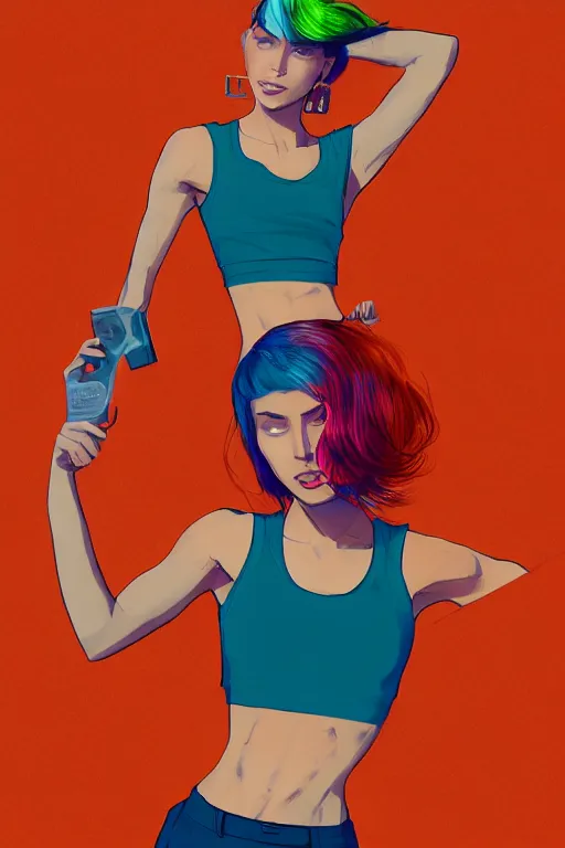 Image similar to a award winning half body portrait of a beautiful caucasian woman in a croptop and cargo pants with ombre orange blue teal hairstyle with head in motion and hair flying by will eisner, outrun, vaporware, digital art, trending on artstation, highly detailed, fine detail, intricate