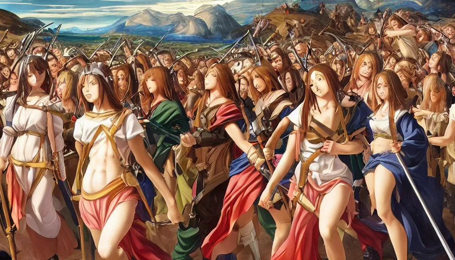 Image similar to jesus christ our lord leading an army of anime girls into battle, photorealistic, anime, mini skirt, long hair, renaissance painting, hyper real, detailed, closeup shot, ultra detailed