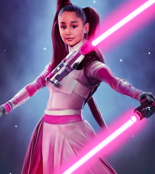 Image similar to A hyper realistic photo of Ariana Grande in the Star Wars universe with two pink lightsabers held in each hand. Maximum detail on artstation, photo realism, vivd details, vivd colour