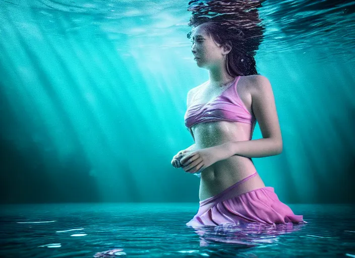 Prompt: under water girl, water light scattering, underwater photography, high details, 8 k, realistic shot, cinematic lighting