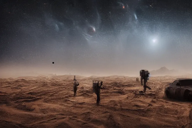 Prompt: landscape photography alien dust with a sandstorm and huge futuristic grungy industrial buildings. distant planets and galaxies in the starry space skyline. men standing and working around the area. huge sense of scale. cinematic