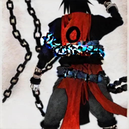 Image similar to A FULL BODY PORTRAIT FROM BEHIND OF MADARA UCHIHA ,THE MAN KEEPS A KUSARIGAMA AND IT IS WRAPPED IN CHAINS ,detailed, concept art, ink style , sketch