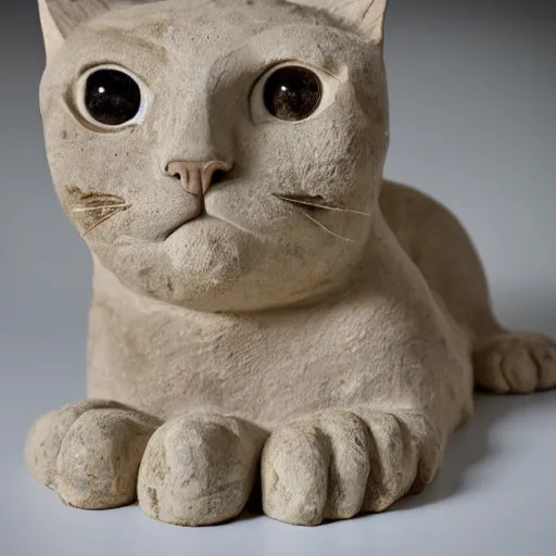 Image similar to close - up museum photo of an ancient limestone clay statue of a cute cat, with letter ה!!! on its head, clay, hebrew, israel, studio lighting, professional, promo,