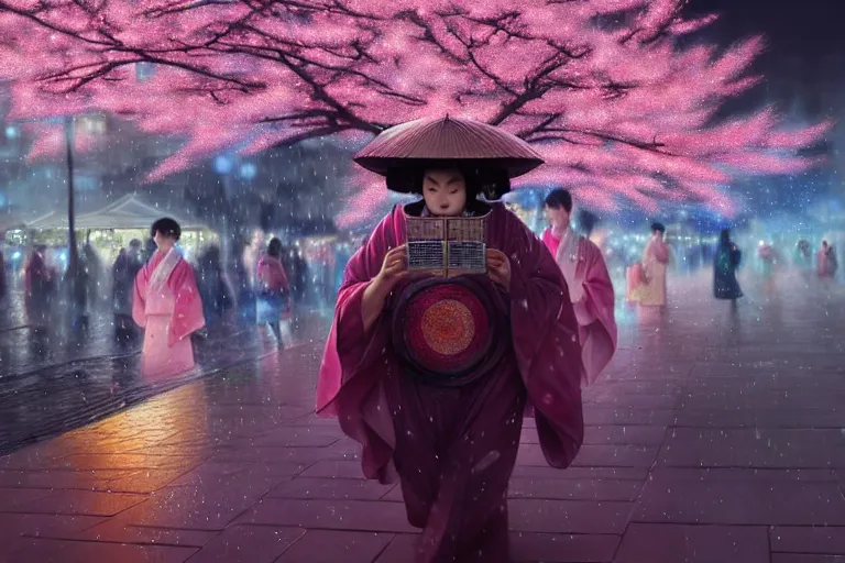 Prompt: a beautiful tardigrade!!! wearing a kimono at a fireworks sakura festival. rainy, dreamlike art, mist, realistic shaded, fine details, 4 k realistic, cryengine, realistic shaded lighting poster by greg rutkowski, magali villeneuve, artgerm, jeremy lipkin and michael garmash and rob rey