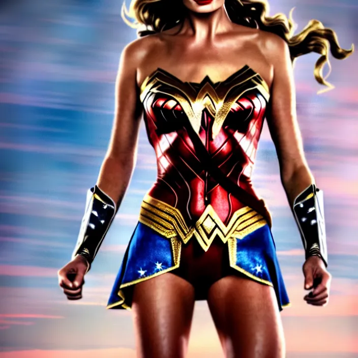 Image similar to full length portrait photograph of a margot robbie as wonder woman, Extremely detailed. 8k