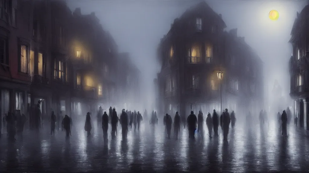Image similar to dim sun over a crowd of people on street of the old town with houses in the windows of which the light is on. early morning, fog on ground, wet street. mike barr painting. volumetric light, dull colors, dark, noir arthouse, 3 5 mm, hight detalied, hd, 4 k