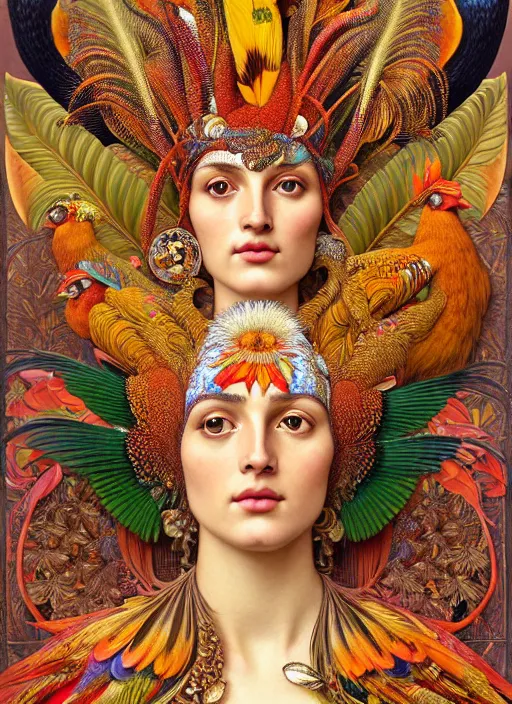 Image similar to hyperrealistic detailed face portrait of the beautiful goddess of the golden pheasants with an intricate headgear of golden pheasant, red berries, leaves, field flowers, pears, apples, art by ernst haeckel, john william godward, android jones, alphonso mucha, h. r. giger, gothic - cyberpunk, ornamental, beautiful deep colours,