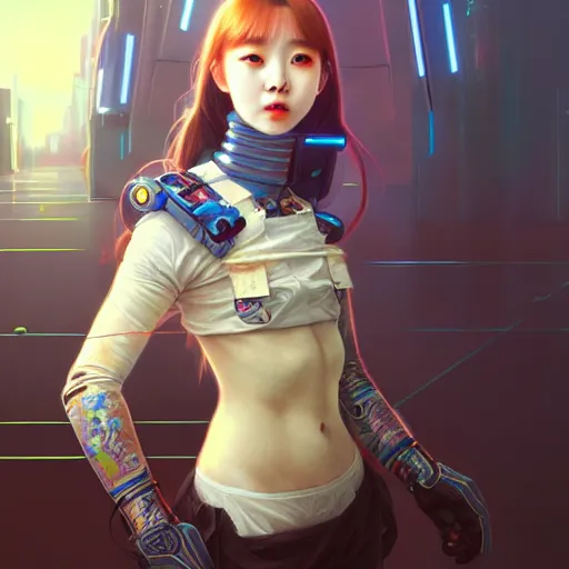 Image similar to portrait painting of chuu kpop as a cheerful smiling cyberpunk mercenary, ultra realistic, concept art, intricate details, eerie, highly detailed, photorealistic, octane render, 8 k, unreal engine. art by artgerm and greg rutkowski and magali villeneuve and alphonse mucha