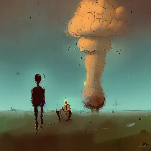 Prompt: a boy and a robot sitting and looking a nuclear explosion smoke mushroom from far away by ismail inceoglu