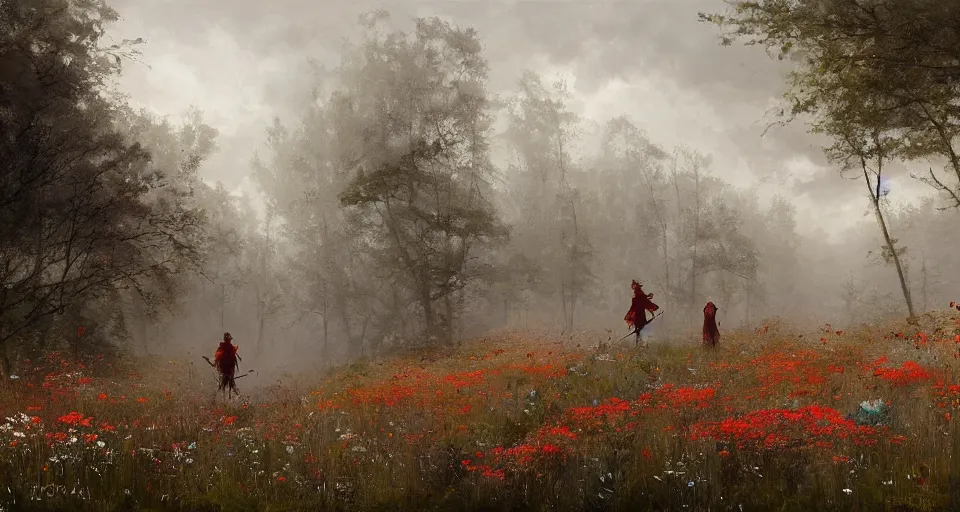 Image similar to Enchanted and magic forest full of wild flowers, by JAKUB ROZALSKI