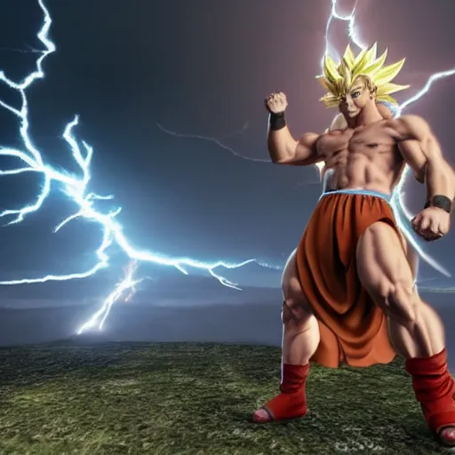 Prompt: Jesus Christ going super saiyan, muscular, lightning in the sky, glowing, highly detailed, focus, realistic vfx simulation, cryengine