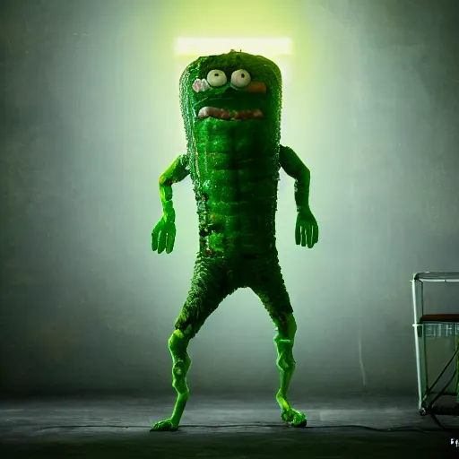 Image similar to full body pose, hyperrealistic photograph of pickle rick, dim volumetric lighting, 8 k, octane beautifully detailed render, extremely hyper detailed, intricate, epic composition, cinematic lighting, masterpiece, trending on artstation, very very detailed, stunning, hdr, smooth, sharp focus, high resolution, award, winning photo, dslr, 5 0 mm