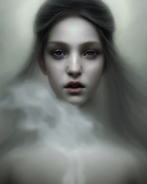 Image similar to dreamy, subsurface scattering, white, young beautiful goddess in cosmos with very long white hair floating in air, fluid smoke art, octane render, dino valls, mark ryden, joe fenton, michal karcz, highly detailed, rim light, art, cinematic lighting, very coherent, hyper realism, 8 k