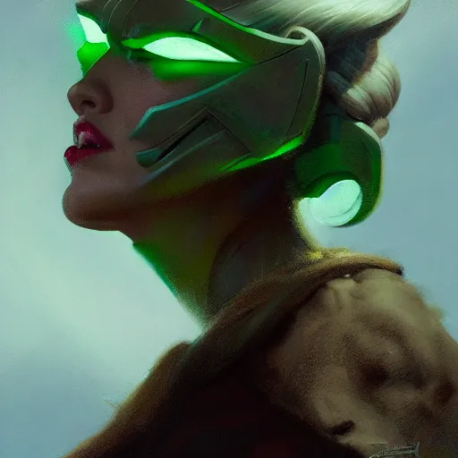 Image similar to side portrait of imogen poots, deathknight, matte painting, bold shapes, hard edges, octane render, trending on artstation, sickly green backlit glow, by greg manchess, huang guangjian, gil elvgren, sachin teng, greg rutkowski, jesper ejsing, ilya kuvshinov, cushart krenz