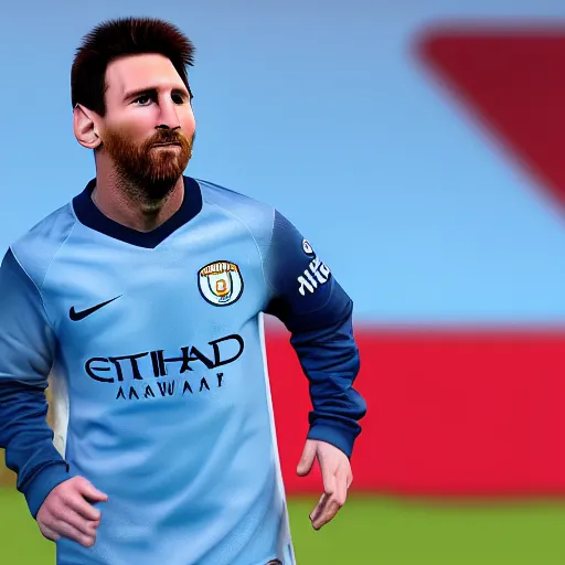 Image similar to messi playing in manchester city kit with pep guardiola, high - res photorealistic