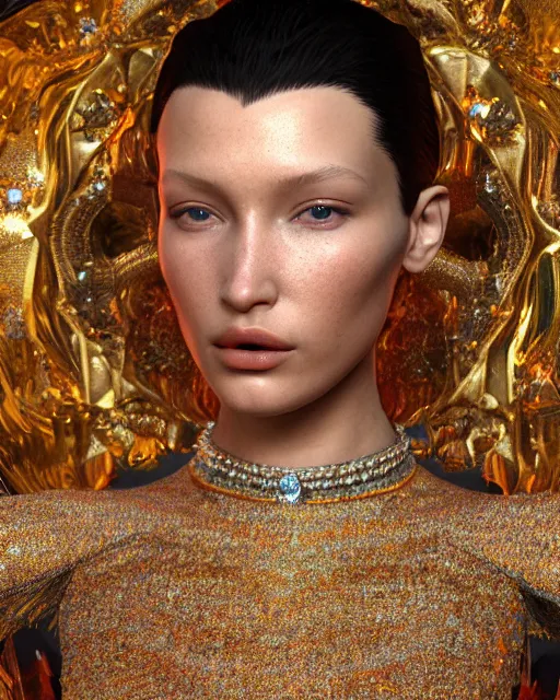 Prompt: a highly detailed metahuman 8 k close up render of bella hadid evangelion renaissance in iris van herpen dress schiaparelli in diamonds crystals swarovski and jewelry iridescent in style of alphonse mucha gustav klimt trending on artstation made in unreal engine 4