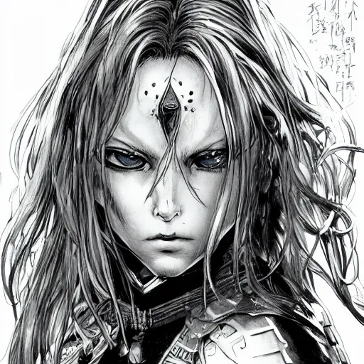 Prompt: character portrait of a girl with wavy white hair and black eyes in the style of yoshitaka amano drawn by alex maleev, highly detailed, elden ring armor