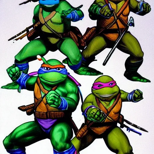 Image similar to teenage mutant ninja turtles in 1 9 9 0 s, photorealistic