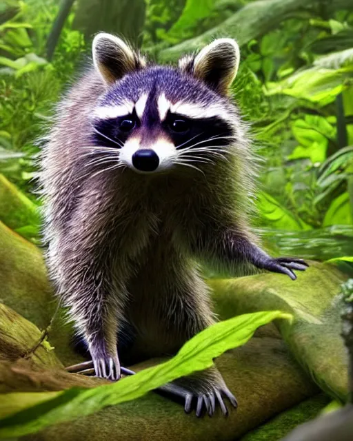 Prompt: a still from a pixar movie, closeup of a raccoon wearing brown explorer clothes, standing in an overgrown dense tropical forest, butterflies and sunrays, hd 4 k high detailed