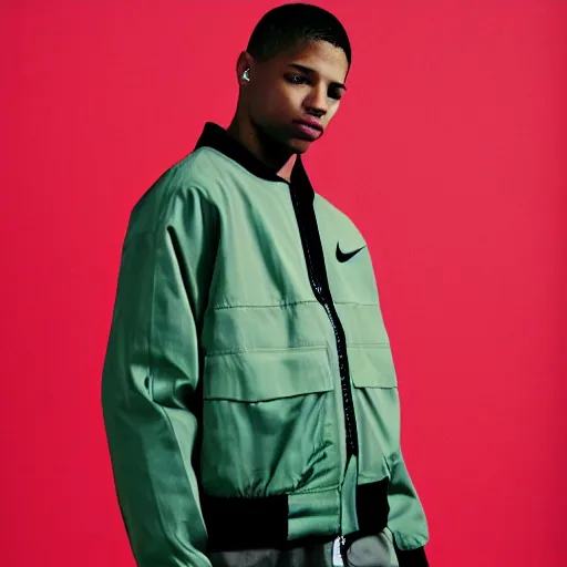 Image similar to realistic photoshooting for a new nike acg lookbook, color film photography, portrait of a beautiful woman, model is wearing a workwear jacket, photo in style of tyler mitchell, 3 5 mm,