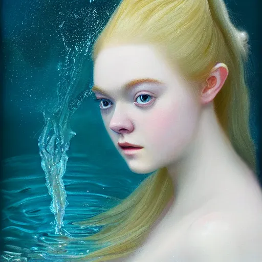 Image similar to Painting of Elle Fanning underwater, long blonde hair, delicate, pale milky white porcelain skin, Rococo. 8K. Extremely detailed.