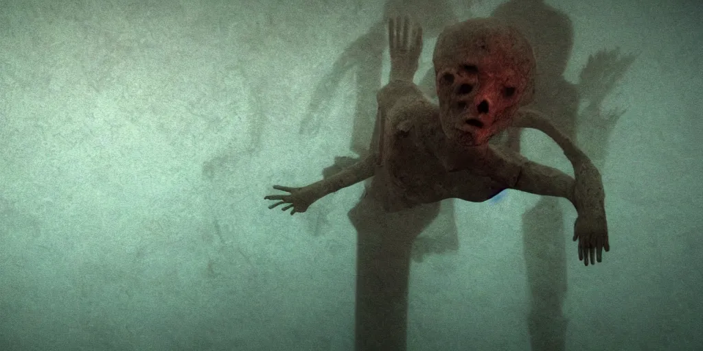 Image similar to underwater abyss, rectangle,'silent hill'mannequin, deep, monster, cinematic, realistic, dramatic, horror
