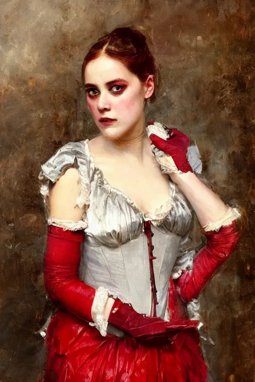 Image similar to Solomon Joseph Solomon and Richard Schmid and Jeremy Lipking victorian genre painting full length portrait painting of a young beautiful woman wearing gloves traditional german french actress model pirate wench in fantasy costume, red background