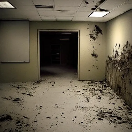 Image similar to backrooms office space, ominous lighting, moldy walls, samara from the ring wading in shallow water