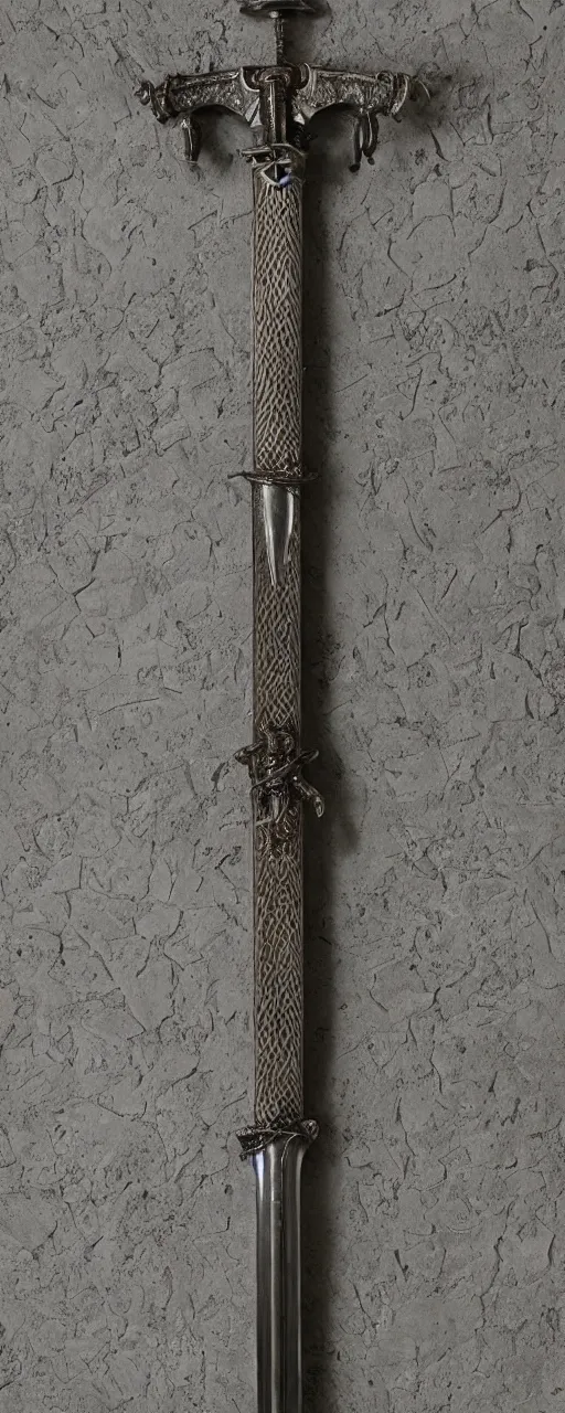 Image similar to sword of justice hanging on a wall, ornate gem in pommel, engraved blade, serrated point, herringbone floor, low angle, museum display, steve argyle