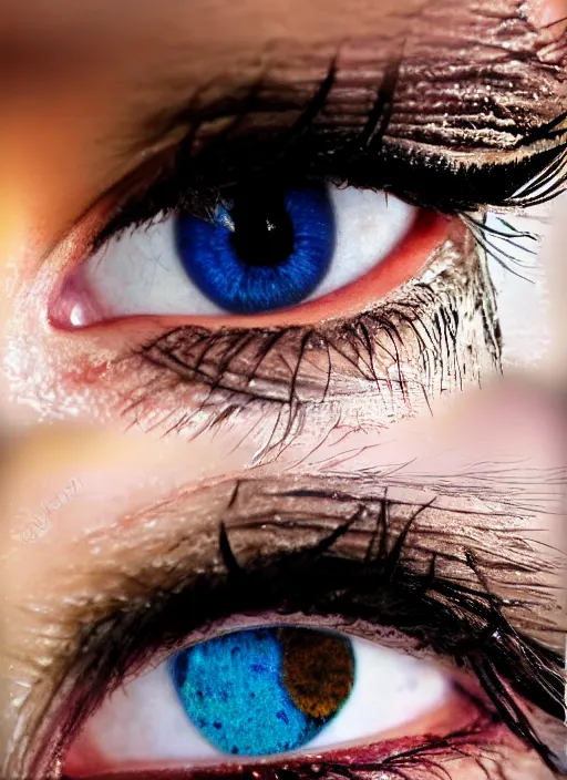 Image similar to grid montage of eyes, stunning detailed colored textures, eyelashes, advanced art, art styles mix, from wikipedia, wet reflections in eyes, sunshine light, hd macro photograph, from side, various eyelid positions, spherical black pupil centered