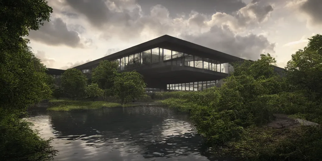 Image similar to a stunningly detailed arts center designed by Le Corbusier, surrounded by lush green forest, ponds of water, stunning volumetric lighting, sunset, metal, concrete, stunning skies, trending on Artstation, 8k, photorealistic, hyper detailed, unreal engine 5, IMAX quality, cinematic, epic lighting, in the style of Greg Rutkowski