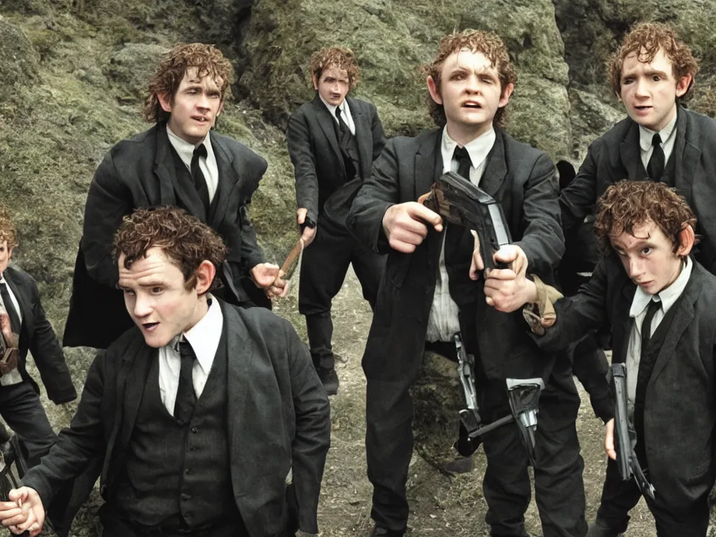 Image similar to hobbits as men in black