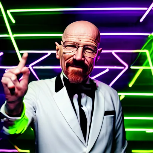 Image similar to portrait of walter white in a tuxedo, laughing in a modern night club, neon lights