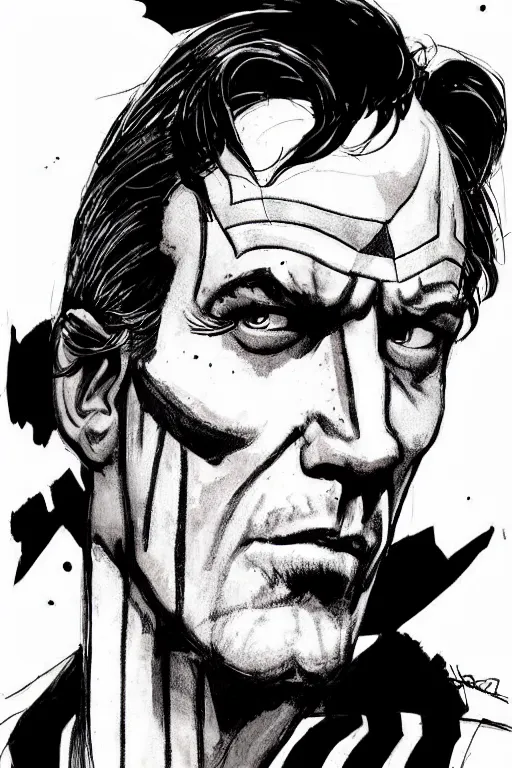 Image similar to beautiful portrait commission of a handsome Bryan Cranston as captain america in a vintage gothic style. black hair. pale skin, black makeup. character design by ralph steadman, detailed, inked, western comic book art