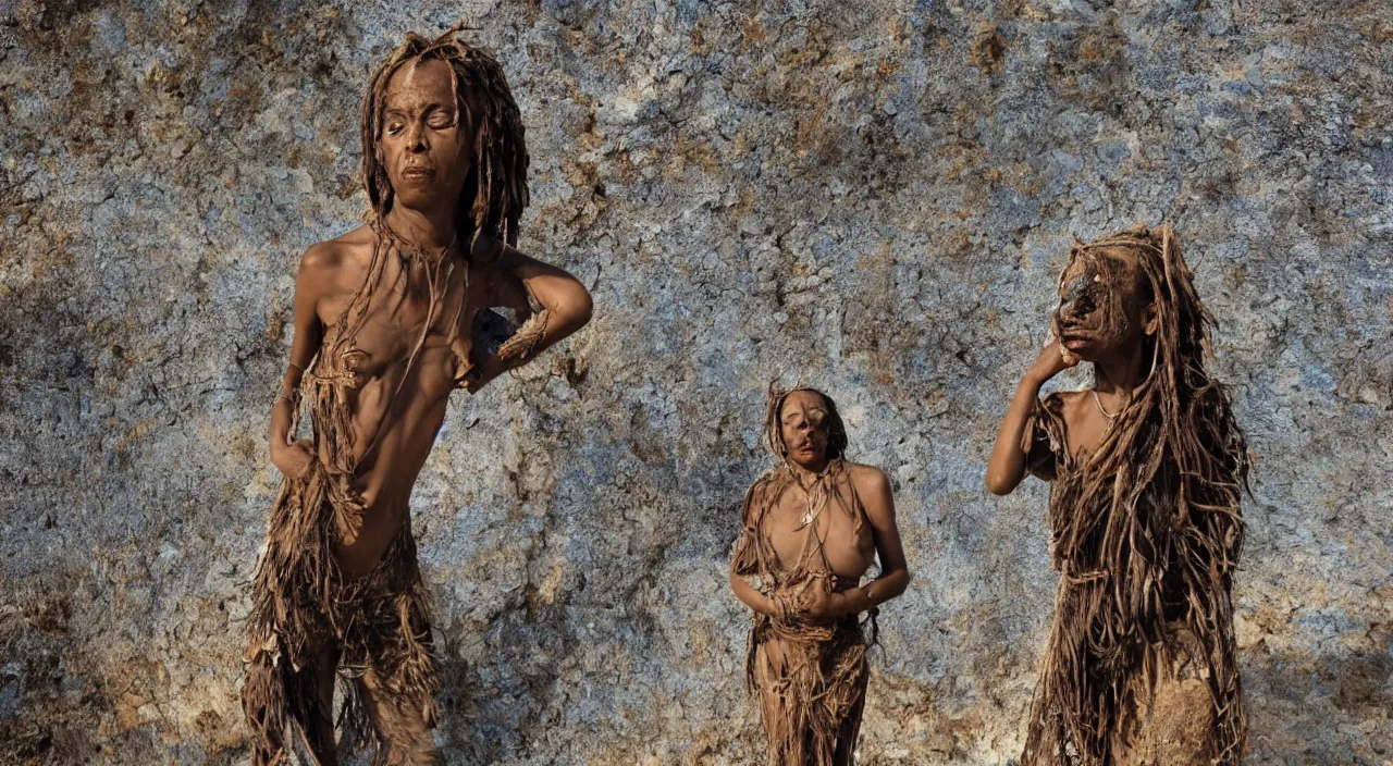 Prompt: full shot of a crying ancient dried up Oshun, peaceful, facing the camera and standing in front of a dried up river in a desolate land, dead trees, blue sky, hot and sunny, highly-detailed, elegant, dramatic lighting, artstation, 4k, cinematic landscape, photograph by Elisabeth Gadd