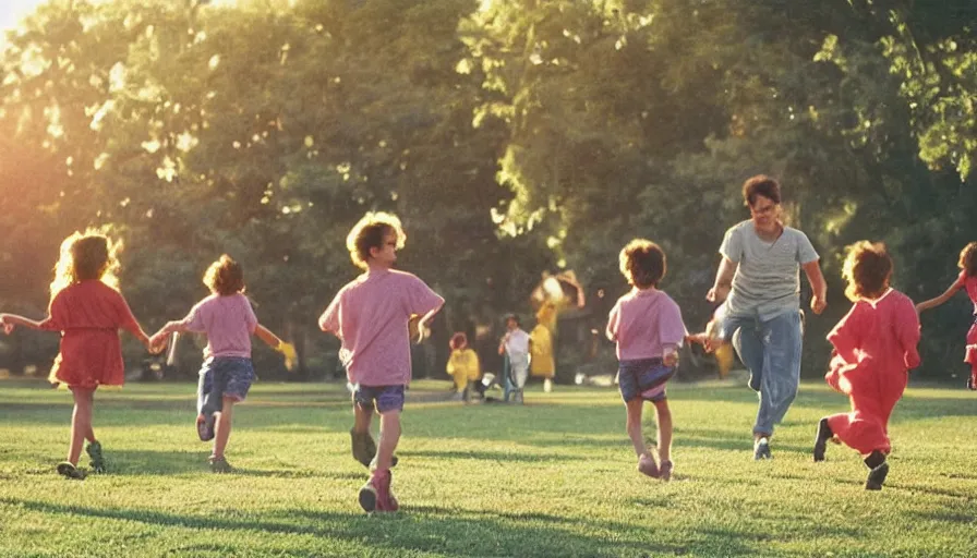 Image similar to 1990s candid photo of a beautiful day at the park, families playing, cinematic lighting, cinematic look, golden hour, kids being chased by large personified fruit creatures , Enormous fruit people, UHD