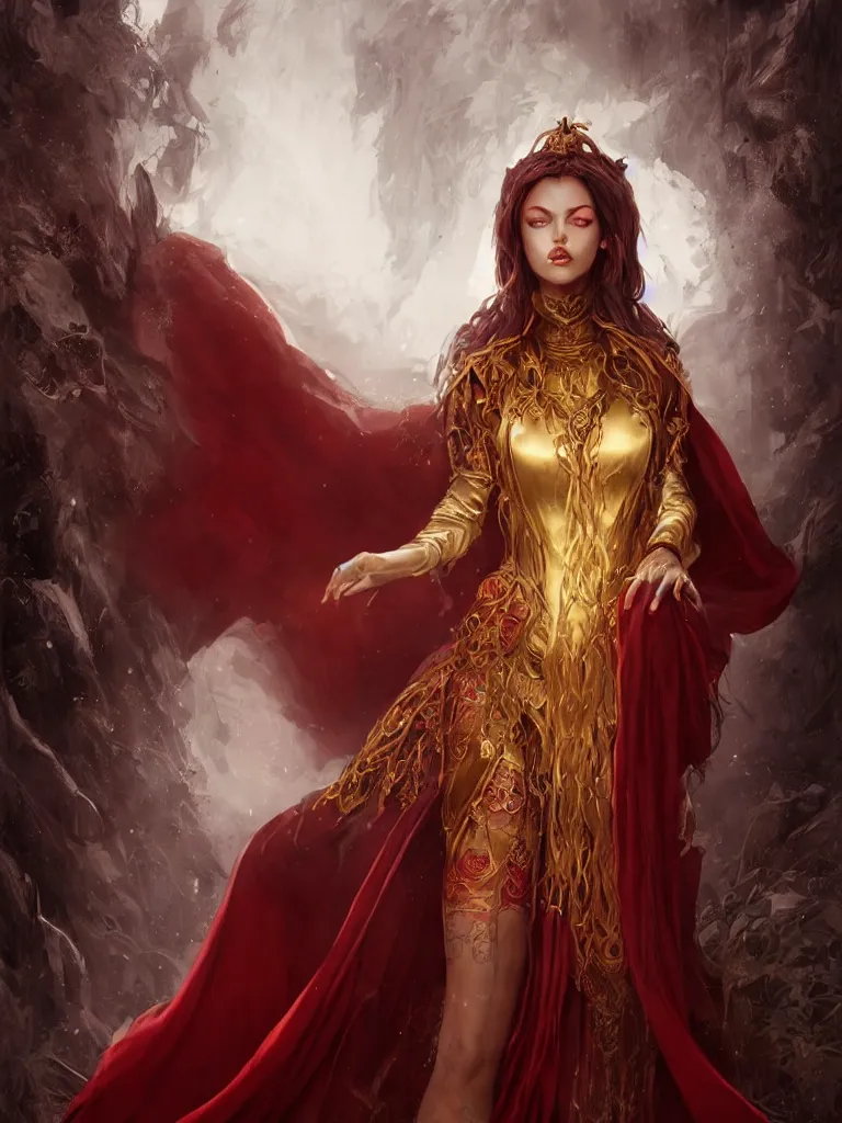 Prompt: Portrait of a beautiful sorceress, alone!!, dnd, d&d, toned shape, Red robes, golden accents, crimson clothes, corset, young, dark red hair, dark skin, burning eyes, floating, detailed sculptured face!, highly detailed, high fantasy, digital illustration, by Krenz Cushart and Artem Demura and alphonse mucha, artstation, HD, 4K, midjourney