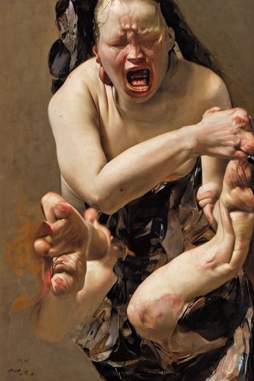 Image similar to a woman enraged, part by Jenny Saville, part by Vermeer