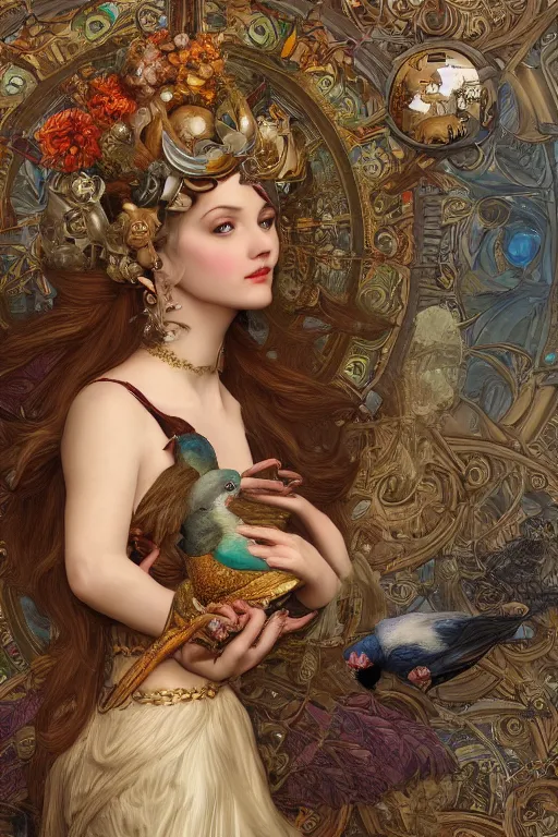 Image similar to zoom in 3 d render of english princess holding birds, ornaments, mucha vibe, dieselpunk, solarpunk, artstation, andrei riabovitchev