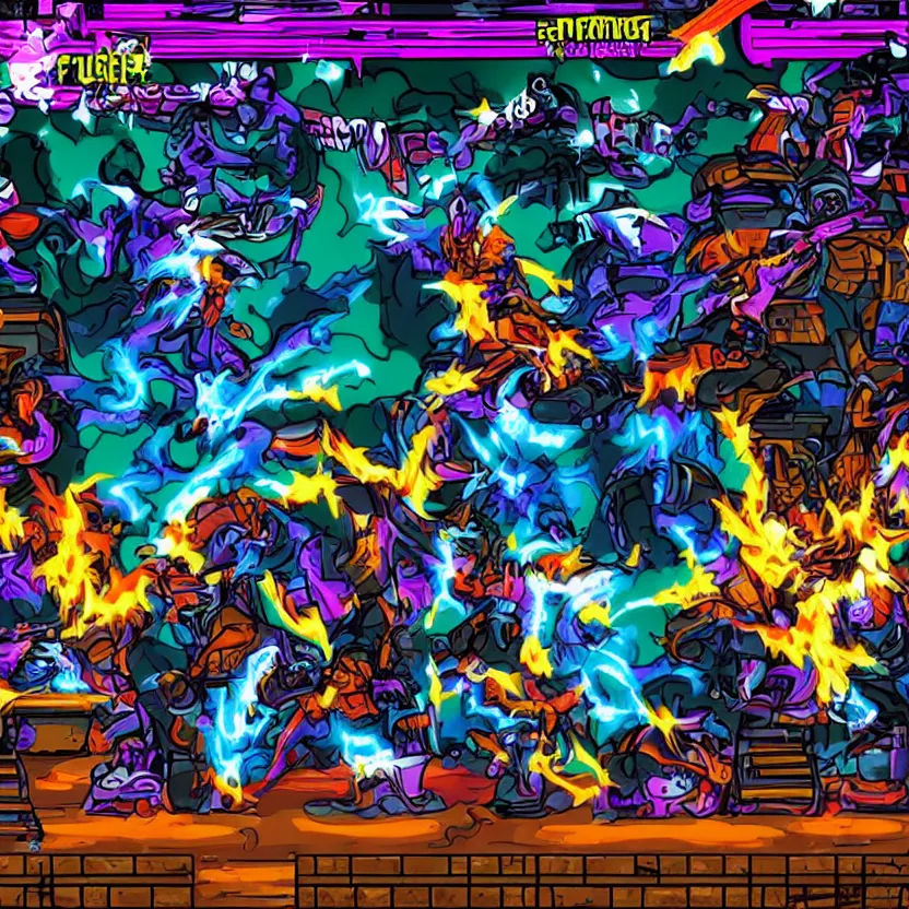 Image similar to family force five facing down a final boss from the last level of an arcade game