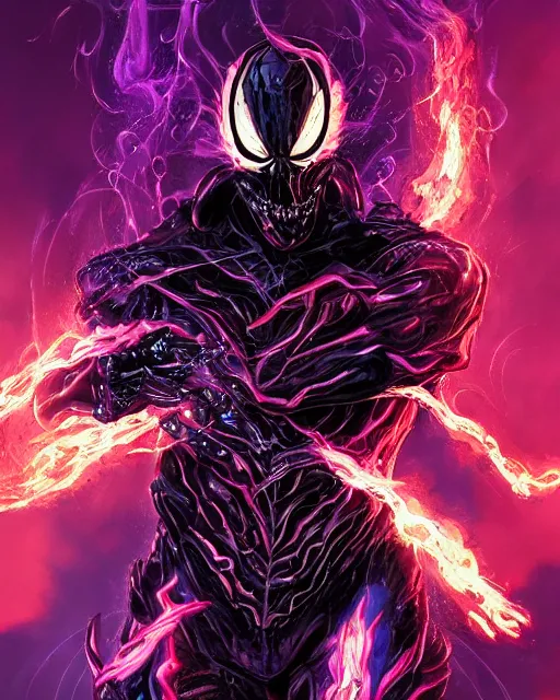 Image similar to ghost rider symbiote, purple and red variant, dynamic lighting, fantasy concept art, trending on art station, stunning visuals, creative, cinematic, ultra detailed, comic strip style