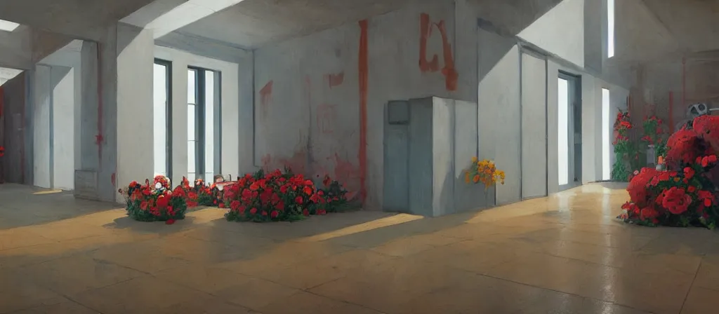 Image similar to colorful minimalist industrial interior hallway with monolithic pillars in the style of ridley scott and stanley kubrick, impossible stijl architecture, bed of flowers on floor, ultra wide angle view, cinematic, god rays, volumetric lighting, realistic detailed painting by edward hopper