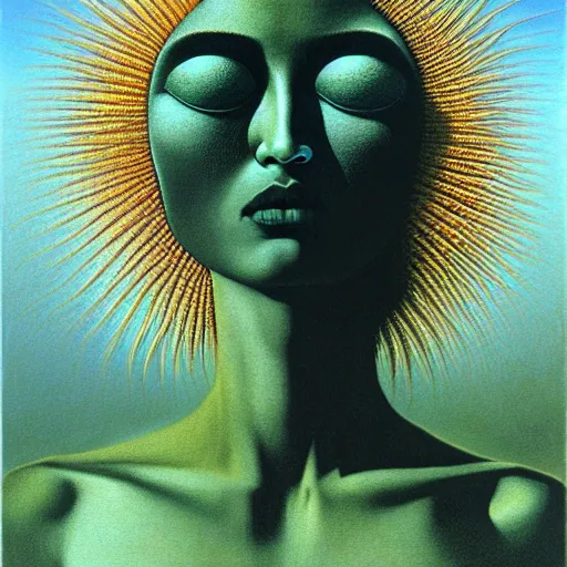 Image similar to The queen of the sun by Zdzisław Beksiński, oil on canvas, intricately detailed artwork, 8k