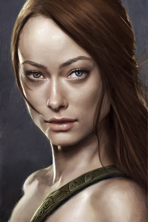 Image similar to a professional painting of a young Olivia Wilde, clothes in military armor, olive skin, long dark hair, beautiful bone structure, symmetrical facial features, intricate, elegant, digital painting, concept art, smooth, sharp focus, illustration, from StarCraft by Ruan Jia and Mandy Jurgens and Artgerm and William-Adolphe Bouguerea