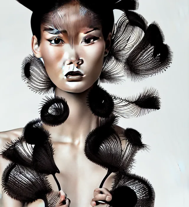 Image similar to photography face portrait of stunning japanese model like ming xi. great hair style, half in shadow, natural pose, natural lighing, rim lighting, wearing an ornate stunning sophisticated coat created by iris van herpen, with a colorfull makeup by benjamin puckey, highly detailed, skin grain detail, photography by paolo roversi