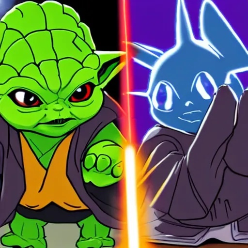 Prompt: Yoda versus Darth pikachu, jedi sith lightsaber battle, dramatic duel of the fates, in the style of pokemon, cartoon, bright colours